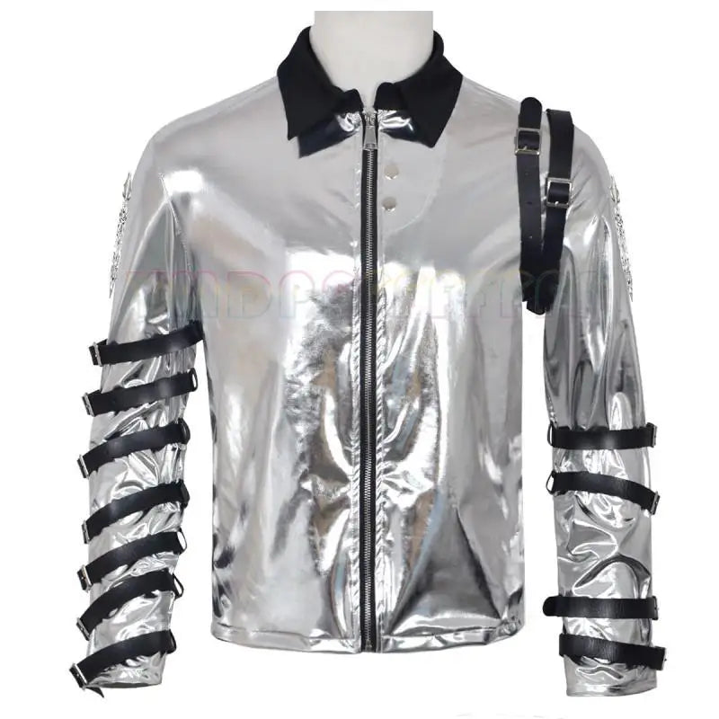 A person named Michael imitates costumes cosplay costumes performance costum silver leather jackets Halloween stage costum