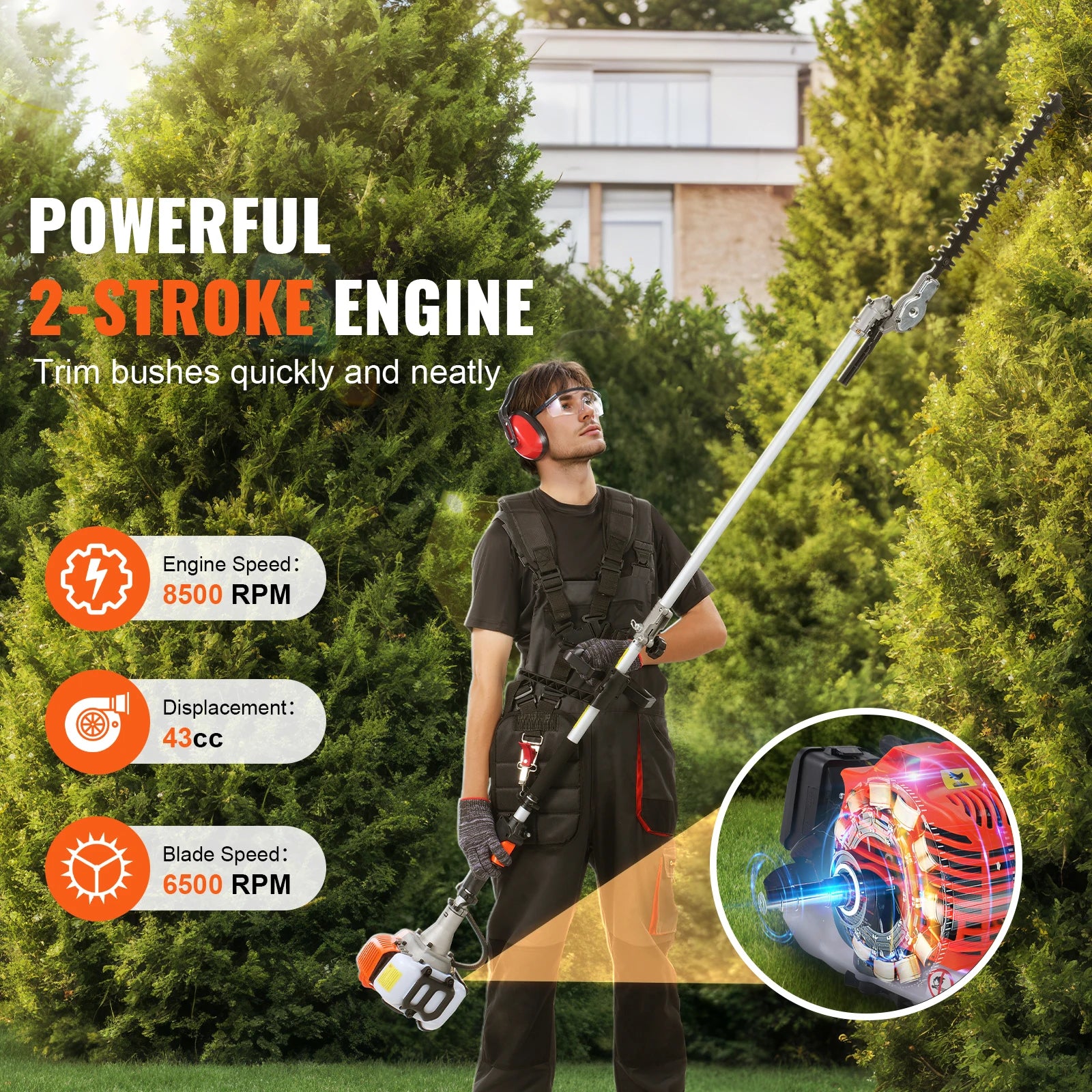 SucceBuy 43CC 6-in-1Multi-Functional Trimming Tools Gas Hedge Trimmer Weed Eater String Trimmer Brush Cutter Edger Pole Chainsaw