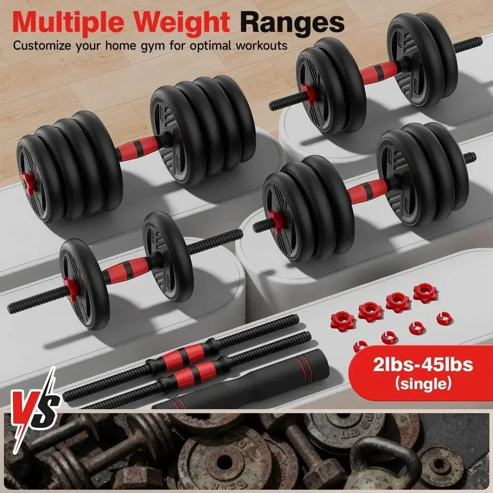 5-in-1 Adjustable Dumbbell Set: 20-90lbs with Double Locknut, Bar, Kettles, Push-up Stand, Plates for Home Gyms