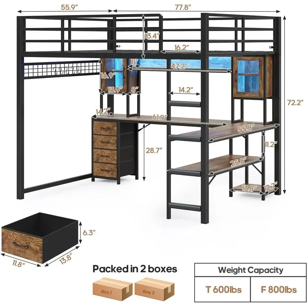 Full Size Gaming Loft Bed with Desk, Storage Drawers, Power Outlet, Metal Frame, RGB Lights, Space-Saving Design for Teens, Guar