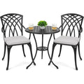 3 Piece Outdoor Cast Patio Bistro Set with Umbrella Hole and Gray Cushions, Black