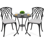 3 Piece Outdoor Cast Patio Bistro Set with Umbrella Hole and Gray Cushions, Black