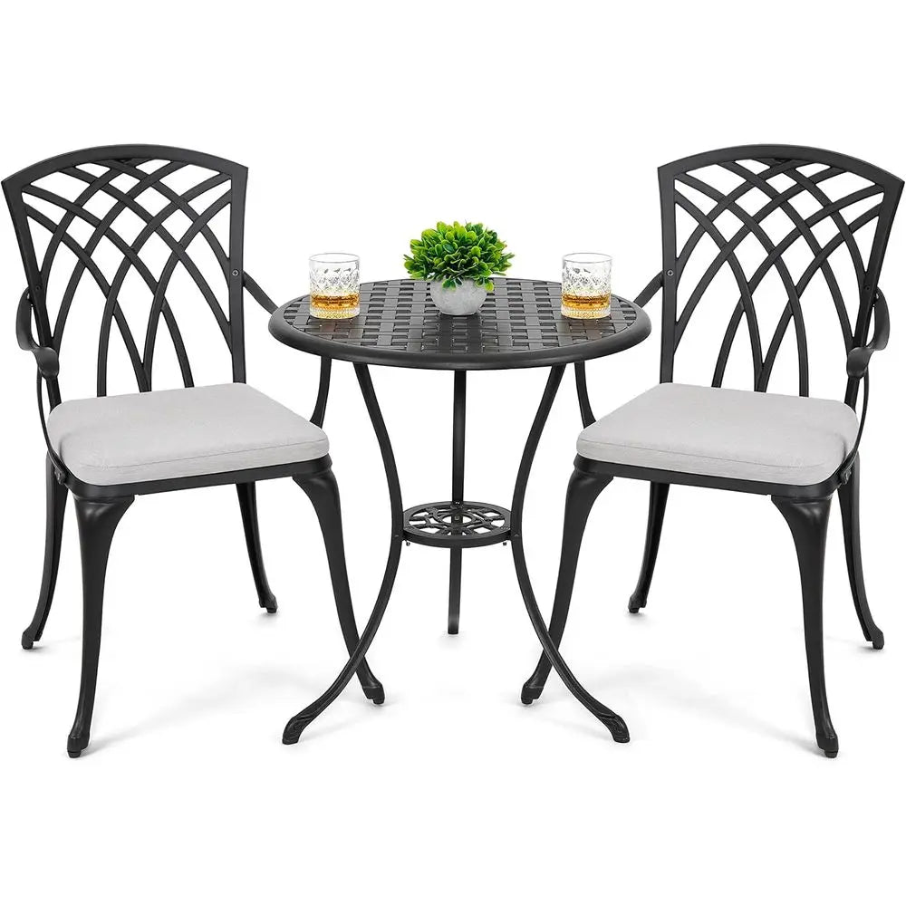 3 Piece Outdoor Cast Patio Bistro Set with Umbrella Hole and Gray Cushions, Black