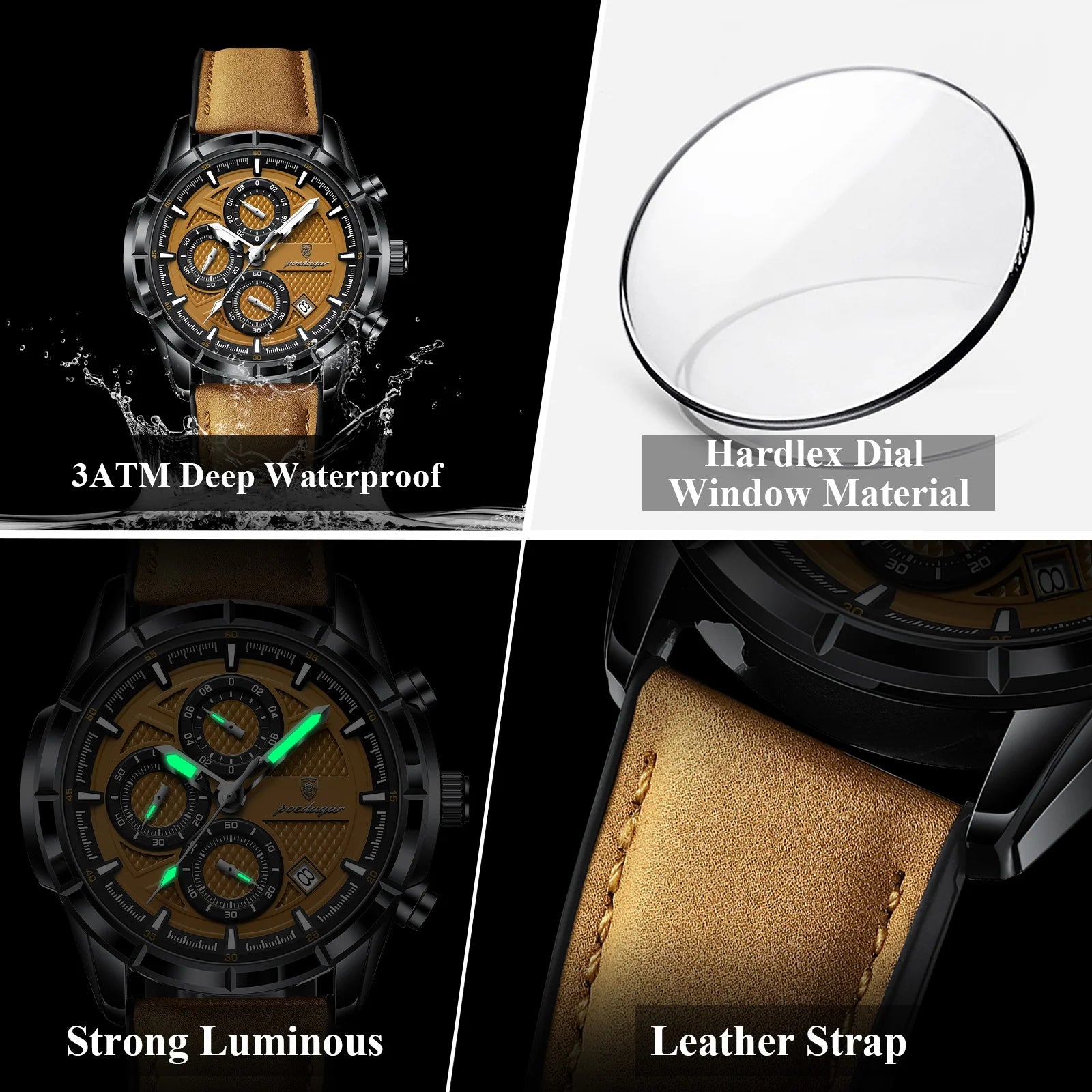 POEDAGAR Top Original Vintage Men Wristwatch Date Chronograph Fashion Leather Quartz Men's Watches Waterproof Luminous Business Man Watch High Quality Reloj