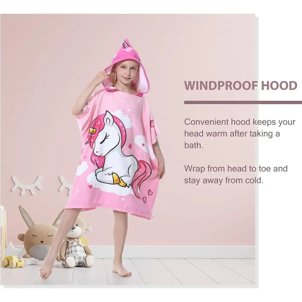 Children's Hooded Microfiber Poncho Towels, Quick-Drying Beach Cover-ups, Bathrobes for Pool and Bath