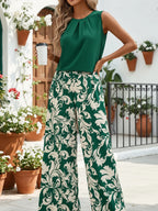 2-Piece Dark Green Round Neck Pleated Sleeveless Top Baroque Floral Print Wide Leg Pants Luxury Feel Women Office Commute Outfit