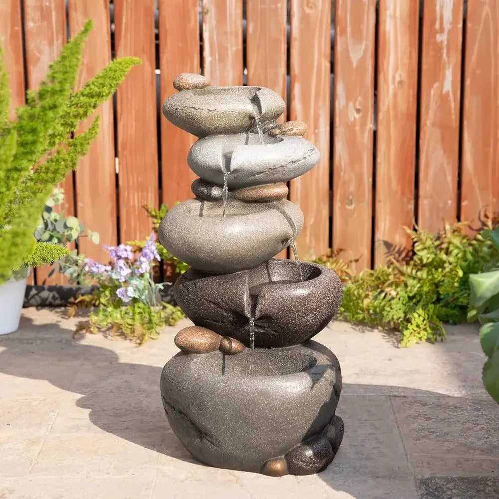 5-Tier Stacked Pebble Outdoor Water Feature with LED Lights and Pump, 24.5 Zen-Style Polyresin Fountain for Garden, Patio, Yard