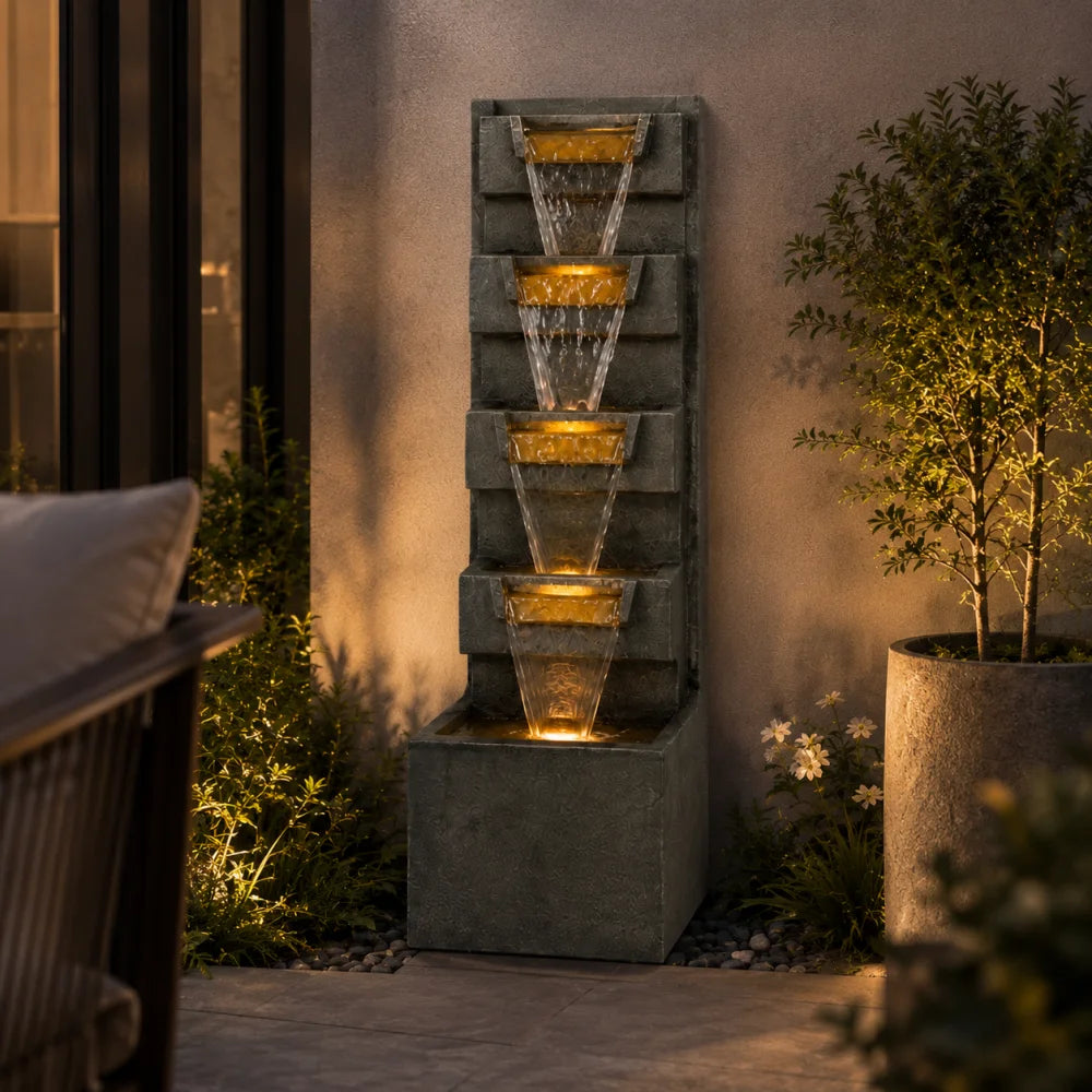 39.4" Outdoor Water Fountain, Tall 4-Tier Cascading Waterfall Fountain with Warm LED Lights, Stone-Look Resin Water Feature with Quiet Pump for Patio Garden Porch Entryway Backyard Decor