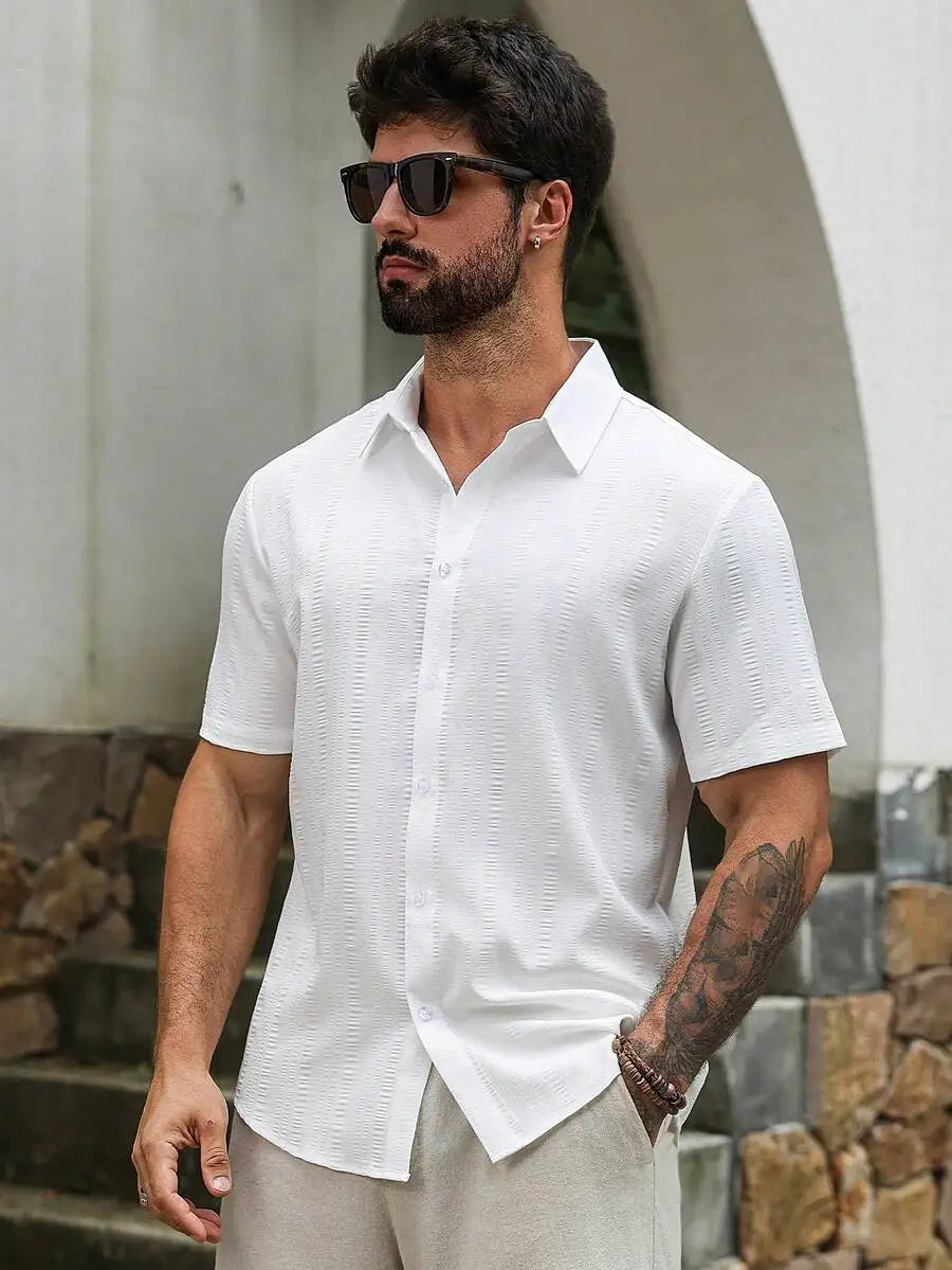 Mens White Short Sleeve Textured Casual Shirt With Turn-Down Collar