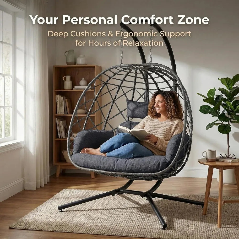 Egg Swing Chair with Stand, 2 Person Outdoor Patio Wicker Hammock Chairs with Cushion for Indoor, Lawn, Garden - Dark Grey