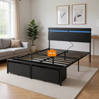 Queen Size Wooden Bed Frame with Headboard, Storage Drawers, Charging Station, LED Lights, Metal Support, No Box Spring Needed