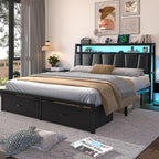 Queen Size Storage Bed Frame with Upholstered Headboard, Drawers, and Integrated Charging Station