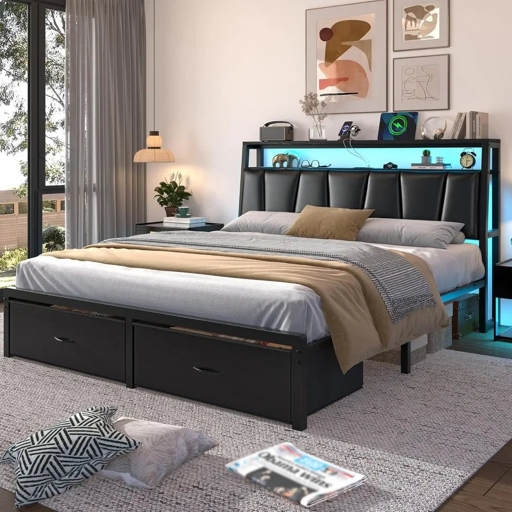 Queen Size Storage Bed Frame with Upholstered Headboard, Drawers, and Integrated Charging Station