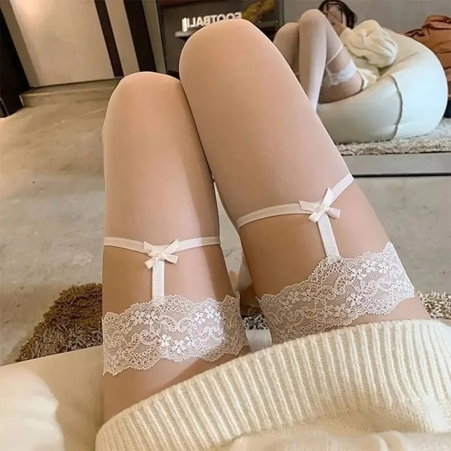 White Suspender Stockings Girls Lace Trim Thigh High Socks Women Summer Thin Sexy Sheer Slim-fit Garters Bowknot OverKnee Socks
