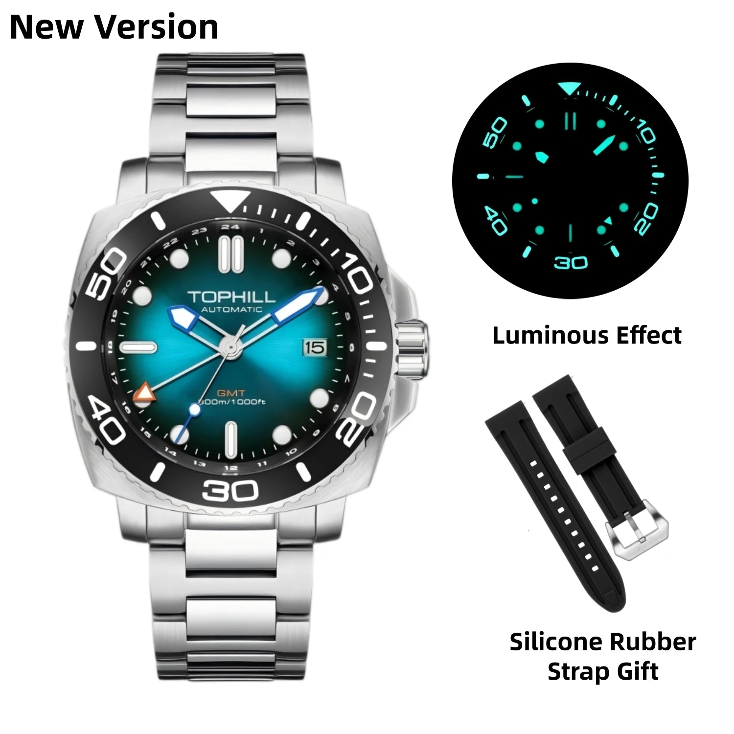 TOPHILL 43mm Men's Diving Watch NH34 GMT Automatic BGW9 C3 Luminous Quick Adjust Bracelet 300M Waterproof Sapphire Luxury TD012G