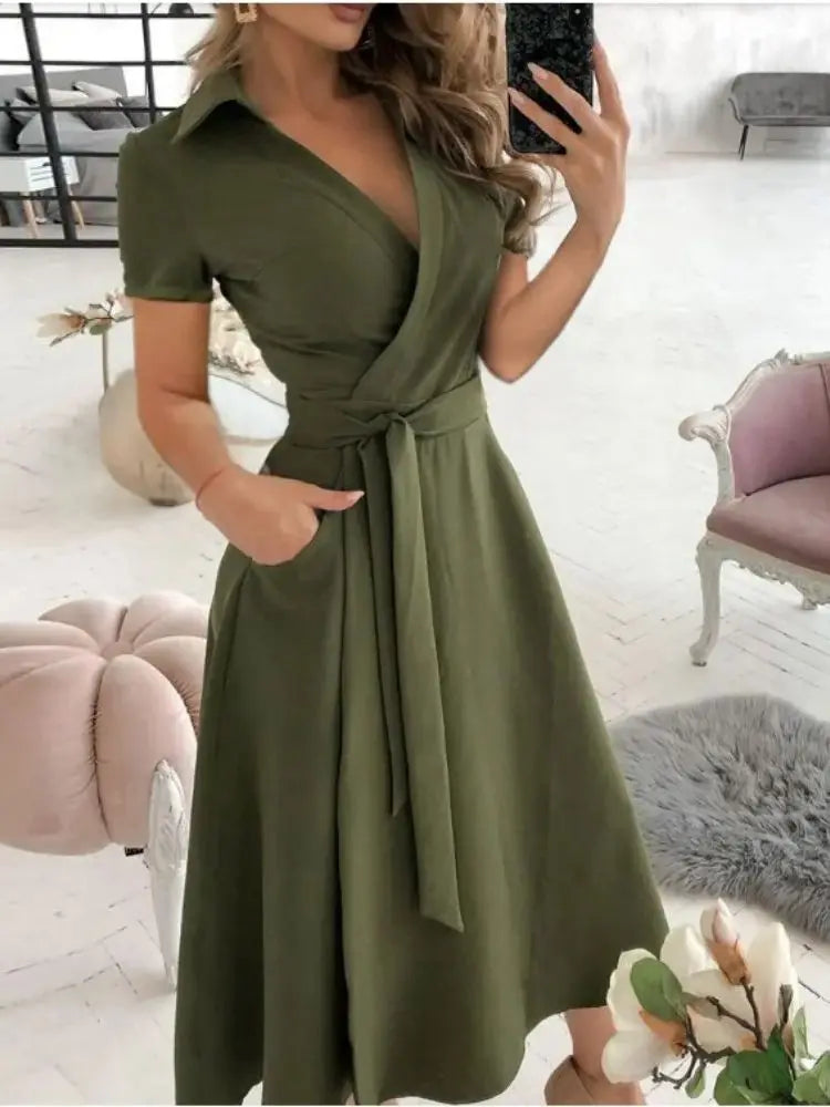 Solid Wrap Midi Dress Elegant Women Dress Mid Short Sleeve V Neck Tie Waist Pocket A-line Office Daily Summer