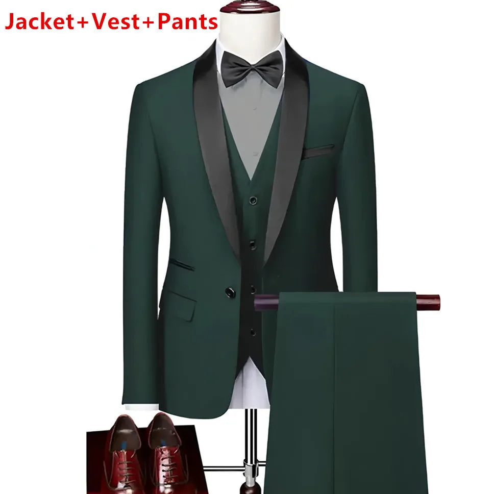 Men Lapel Black Collar 3 Pcs Suit Set Coat Vest Trousers / Business Groom Wedding Dress Fprmal Blazer Pants Waistcoat