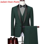 Men Lapel Black Collar 3 Pcs Suit Set Coat Vest Trousers / Business Groom Wedding Dress Fprmal Blazer Pants Waistcoat