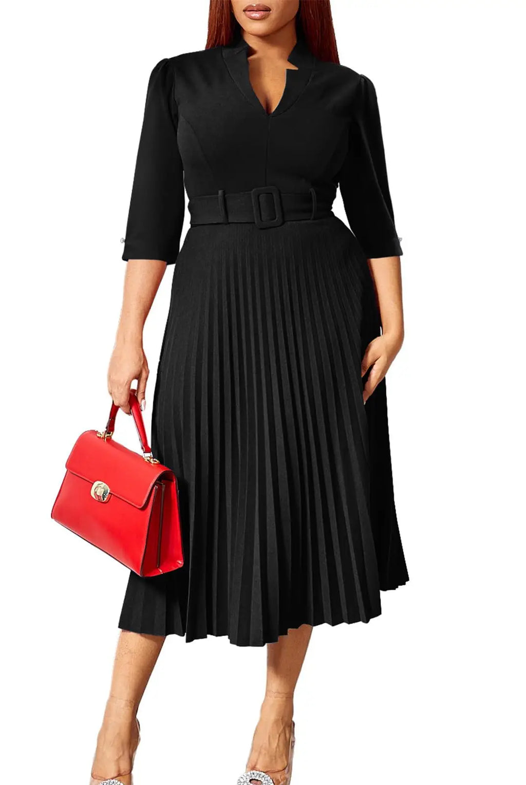 Womens V Neck Business Casual Shirt Dress With 3/4 Sleeves Pleated Midi Skirt And Belt