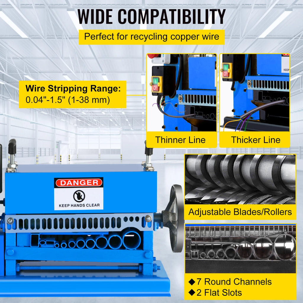 SucceBuy Electric Wire Stripping Machine 370W 1.5mm-38mm Cable Stripper Peeling 11 Channels & 10 Blades Removing Plastic Rubber