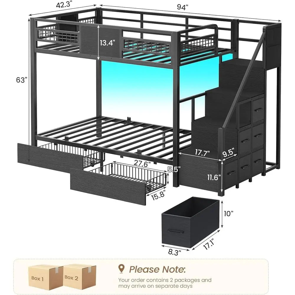 BTHST Bunk Bed Twin Over Twin with Stairs, LED Lights Twin Bunk Bed with 2 Storage Ders & 6 abric Ders, Metal Twin Lot Beds with