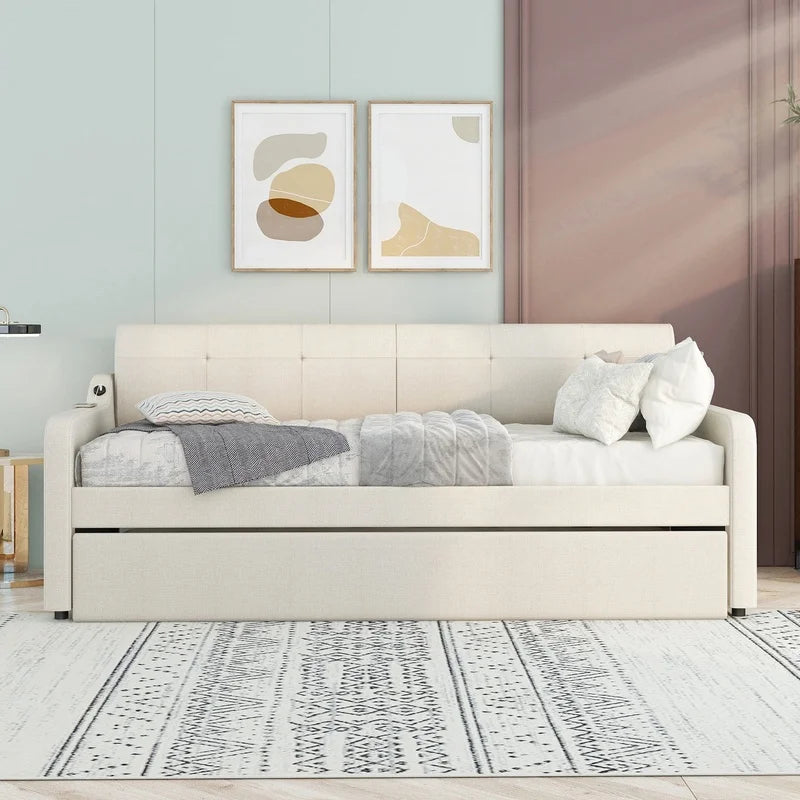 Beige Upholstered Daybed with Convertible Trundle and USB Charging Port