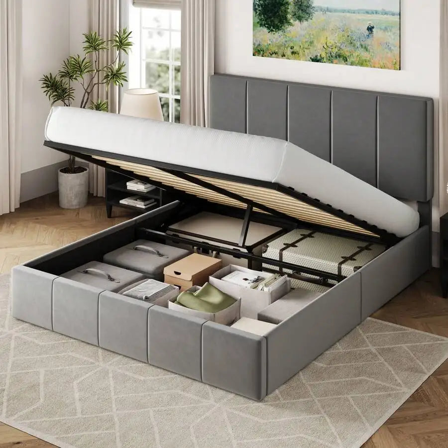 Full/Queen/King Size Velvet Lift Up Storage Bed Frame, Vertical Channel Tufted Headboard, Hydrualic Underneath Storage, Upholstered Platform Bed, Wooden Slats Support, No Box Spring Needed, White