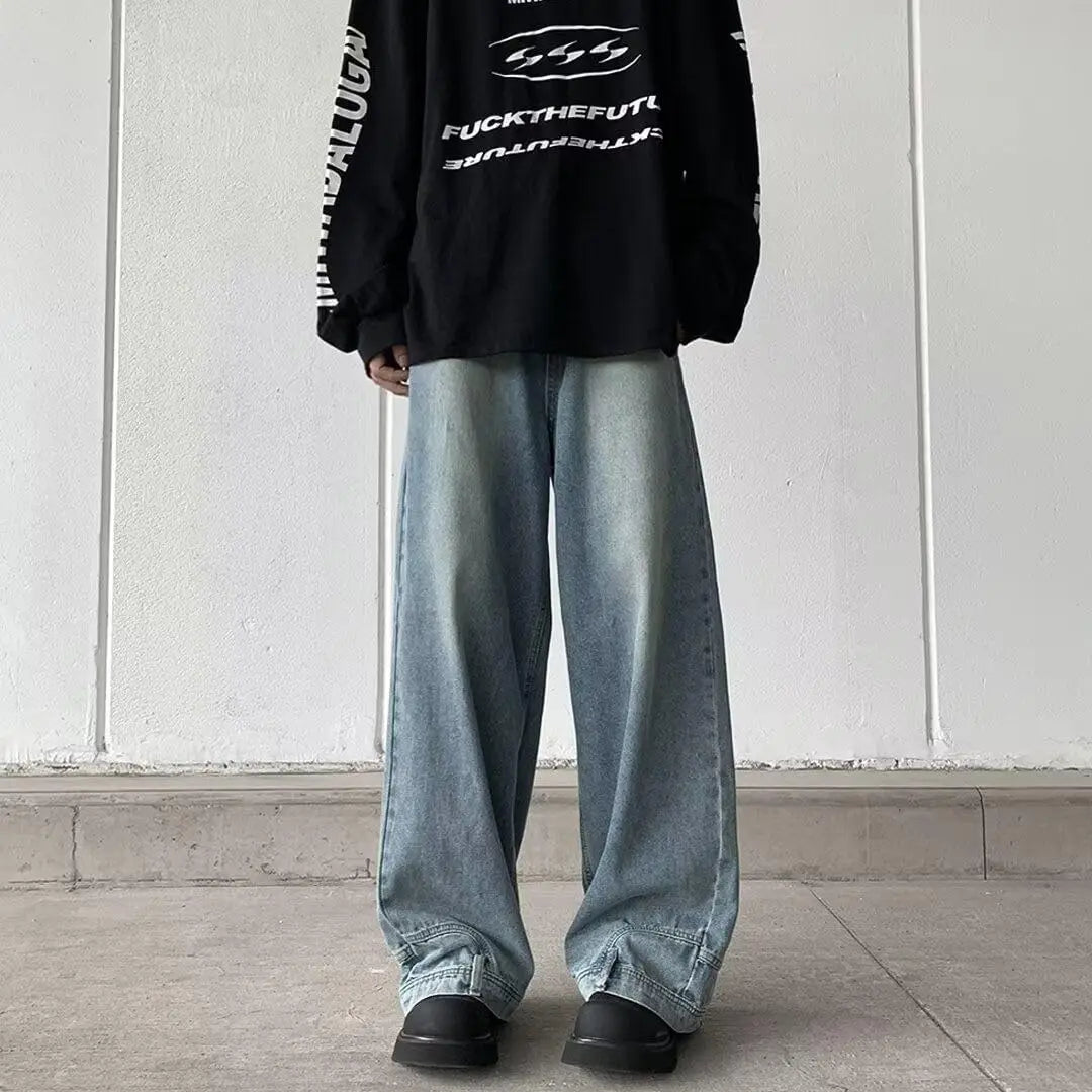 Men's Light Vintage Wash Baggy Wide Leg Jeans Knee Patch Detail Street Style Loose Fit Daily Casual Going Out Hip Hop Denim Trousers
