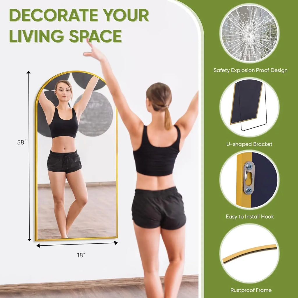 Full-Length Floor Mirror with Stand, 58"x18" Arched Style Full Body Standing Mirror for Bedroom, Living Room, Gym,, Customized