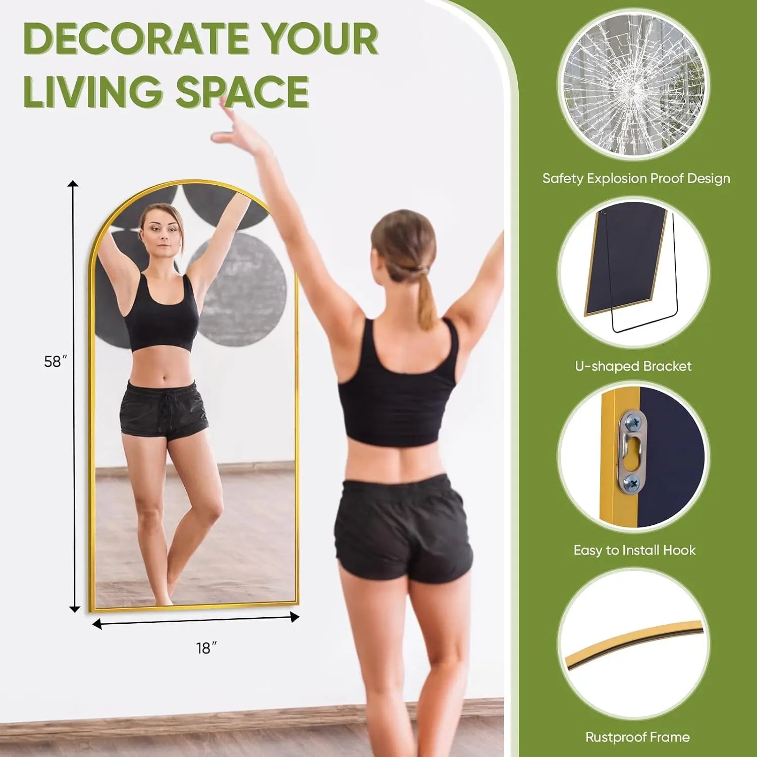 Full-Length Floor Mirror with Stand, 58"x18" Arched Style Full Body Standing Mirror for Bedroom, Living Room, Gym,, Customized