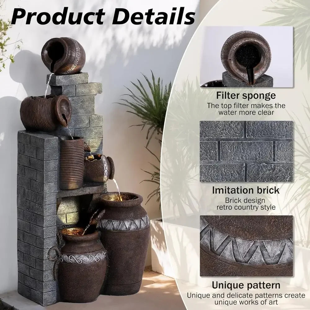 6-Tier Cascading Waterfall Fountain with LED Lights for Gardens, Landscaping, Patios, and Balconies (Gray)