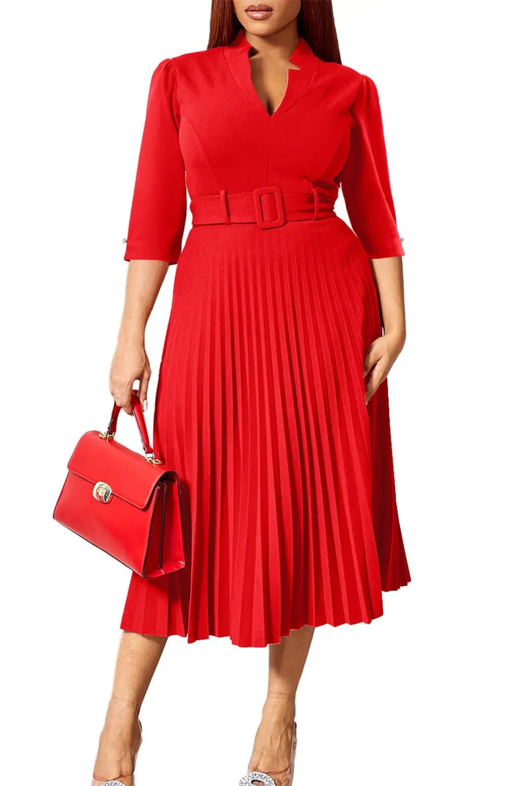 Womens V Neck Business Casual Shirt Dress With 3/4 Sleeves Pleated Midi Skirt And Belt