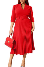 Womens V Neck Business Casual Shirt Dress With 3/4 Sleeves Pleated Midi Skirt And Belt