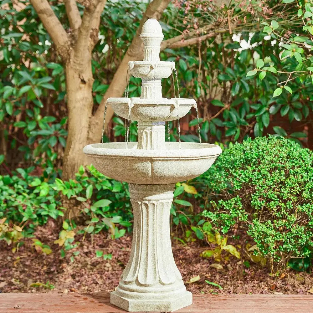 3-Tier Resin Patio Waterfall with Pump and LED Light, Sand Beige Outdoor Floor Fountain for Garden and Backyard