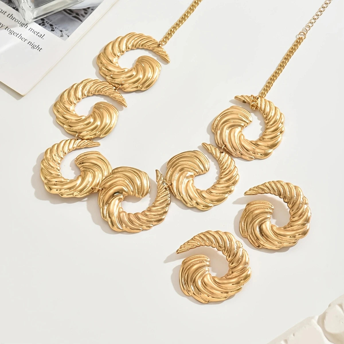 Lxalry 14K Gold Spiral Set, Liquid Metal Necklace & Earrings, Handmade Bridal Gift, Timeless Elegance To Red Carpet Glamour