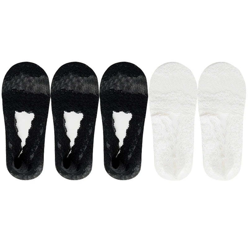 5 Pairs Socks Women's Lace Invisible Short No-Show Ankle Foot Summer Cotton Transparent White Low Cut Boat Sock