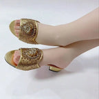 Elegant Flower Rhinestone Mules Women Mid Heel Slip On Open Toe Dress Sandals For Wedding Party Evening