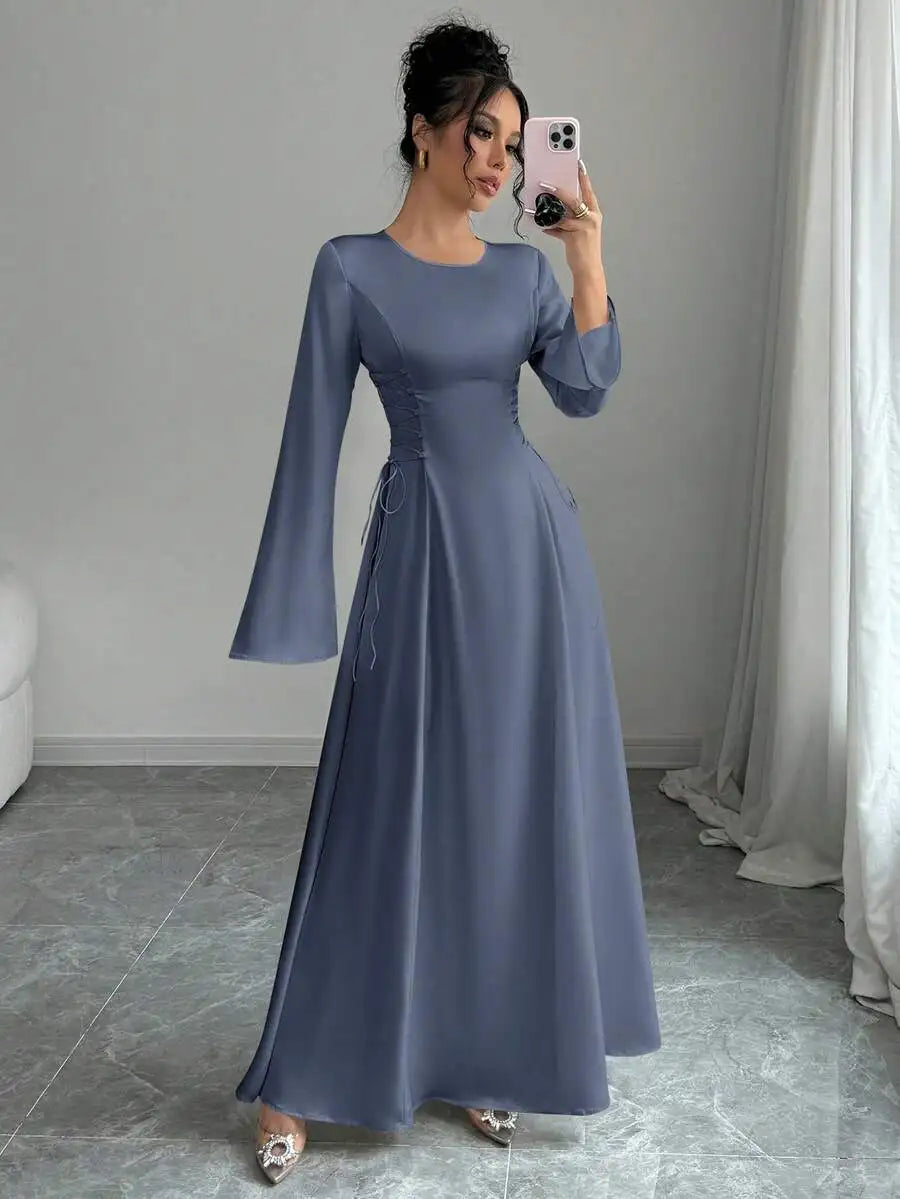 Elegant Ivory A-Line Satin Maxi Dress With Cinched Waist And Flare Sleeves