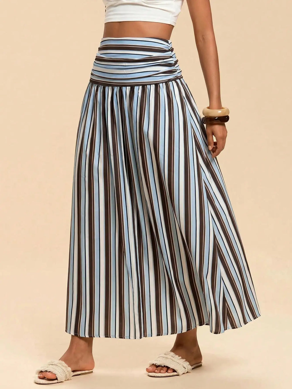 Travachic Women's Ruched Striped Casual Vacation Midi Skirt