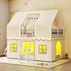 Twin Over Twin Bunk Bed with Play Curtain, LED Lights, Metal Frame, Inclined Ladder, Guardrail, Space-Saving, No Box Spring Need