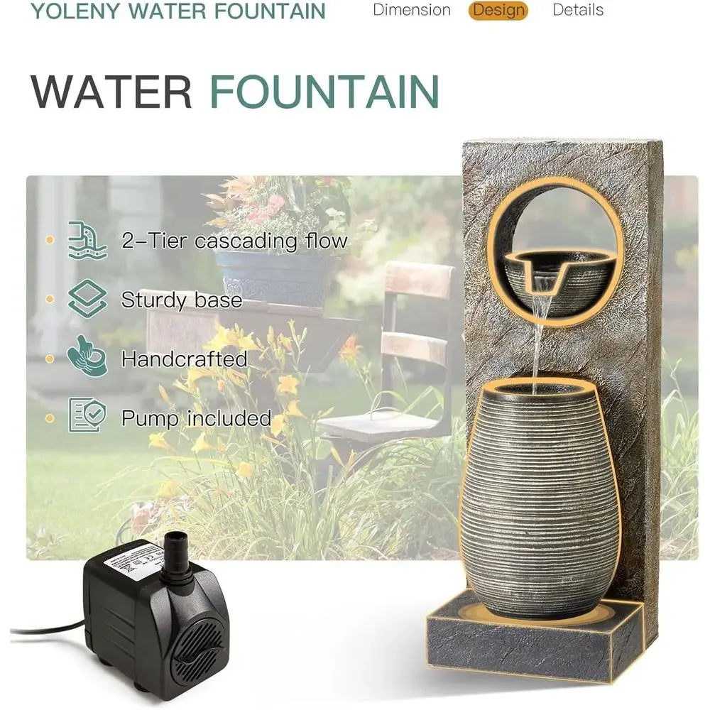 Illuminated Outdoor Mountain Fountain, 39.7 Tall, for Garden and Home Decor