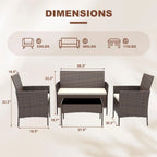 4 Piece Patio Furniture Set, Outdoor Rattan Bistro Set With Cushioned Sofa, 2 Chairs, Glass Table For Porch Backyard