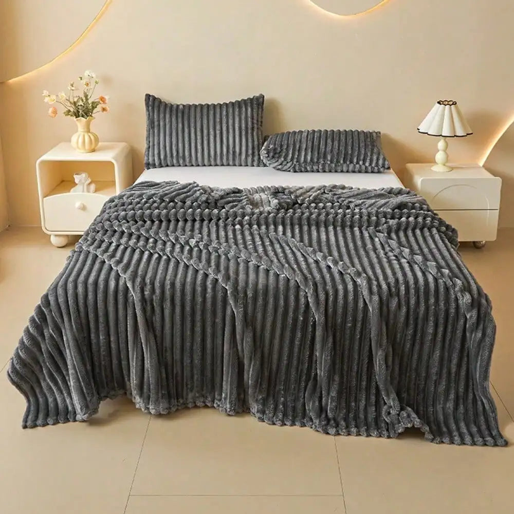 1PC Double-Sided Faux Rabbit Fur Blanket, Luxury Striped Flannel Throw, Soft Warm Polyester Bed Cover, Multi-use for Nap Office Camping Sofa, Ideal Christmas Gift