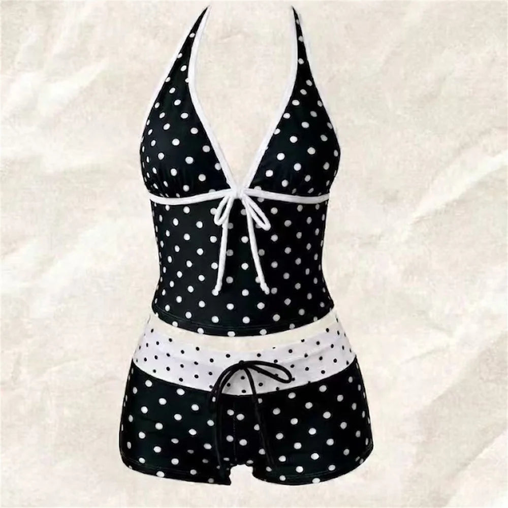 Kawaii Pink Dot Bikini Shorts Bowknot Halter Backless Swimsuit Deep V Swimwear Women's Bikinis and Tankinis Vacation Outfit Sets