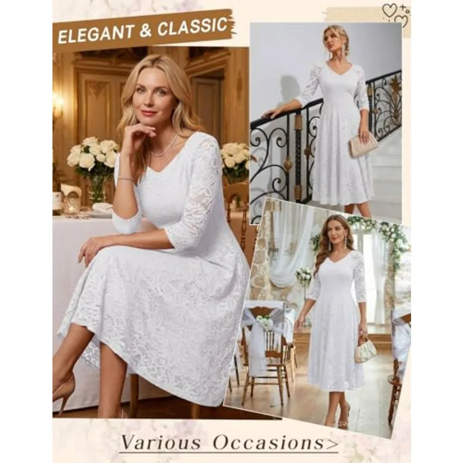 Dressystar Womens Long-Sleeve Wedding Guest Dress A-Line Lace Formal Party Cocktail Midi Dress Prom Gown