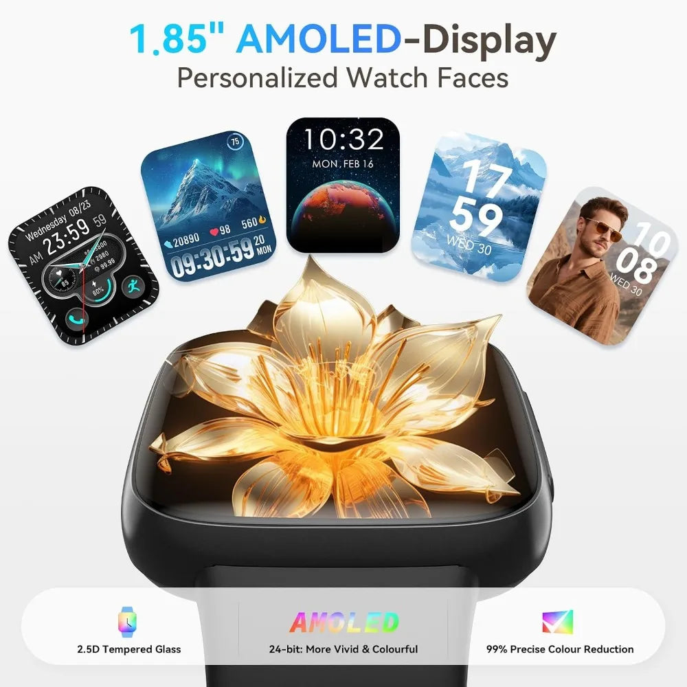Bluetooth Smartwatch with 1.85" AMOLED Display, Call Features, Fitness Tracking, and Water Resistance for Men and Women