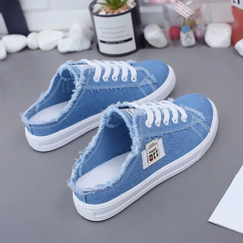 2024 Spring Summer Women Canvas Sneakers Low Top Lace Up Denim Flat Shoes Female Casual Board Shoes