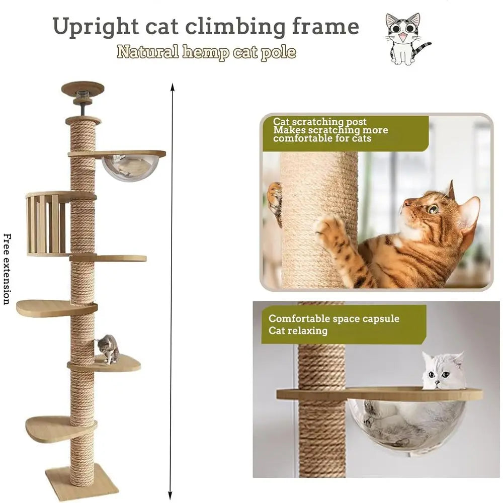 Adjustable Height Cat Tree (95-108in) with 4.33in Wide Scratching Post, Hammock, and Sisal Rope - Supports Up to 110 lbs
