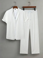 Mens Summer Solid Color Short Sleeve Stand Collar Shirt And Elastic Drawstring Pants Casual Co-ords Set