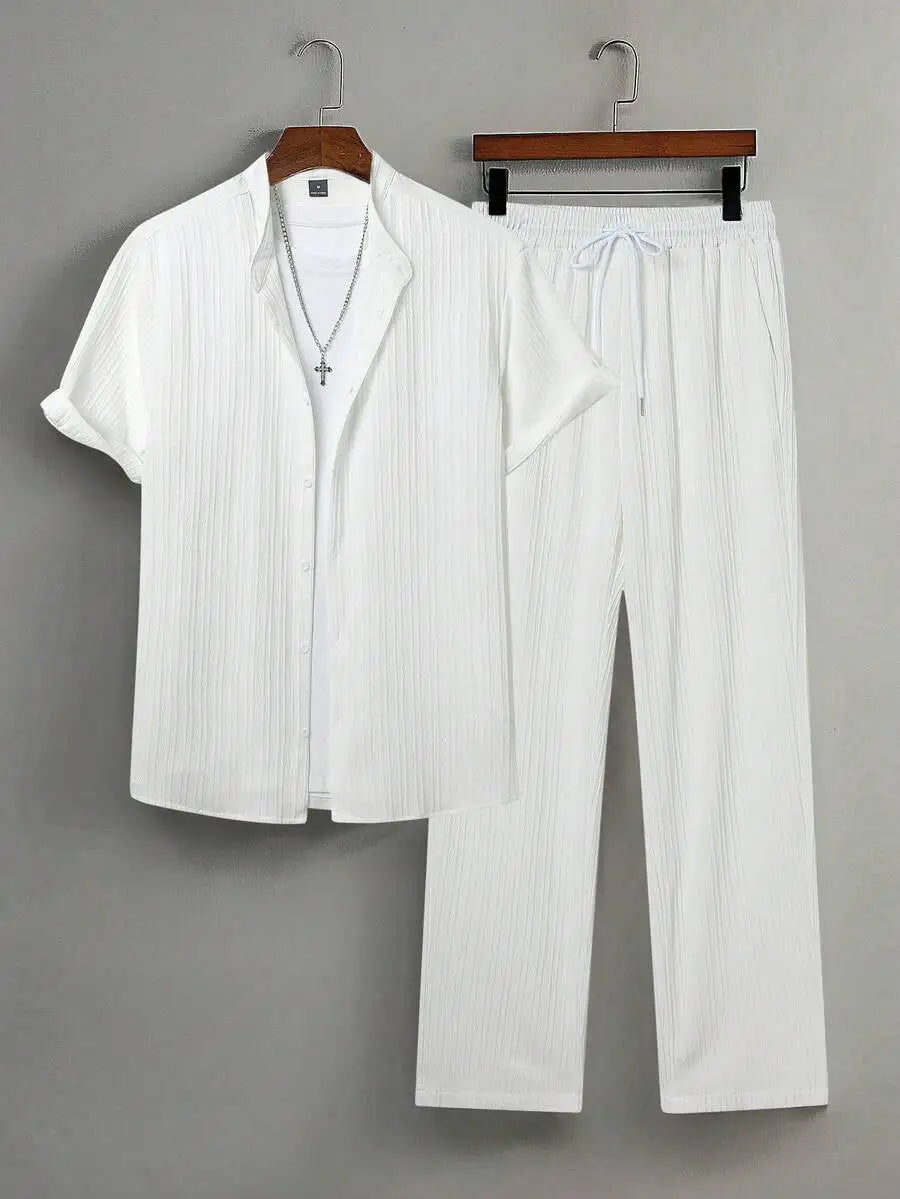 Mens Summer Solid Color Short Sleeve Stand Collar Shirt And Elastic Drawstring Pants Casual Co-ords Set
